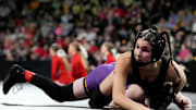 Raccoon River-Northwest’s Katie Biscoglia wrestles Indianola’s Nora Ohnemus in a Class 2A 105-pound semifinal match at the IGHSAU state wrestling tournament Day 2 Friday, Feb. 7, 2025 at Xtream Arena in Coralville, Iowa.