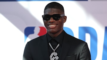 Jun 25, 2025; Brooklyn, NY, USA; Cedric Coward arrives before the first round of the 2025 NBA Draft at Barclays Center. Mandatory Credit: Brad Penner-Imagn Images