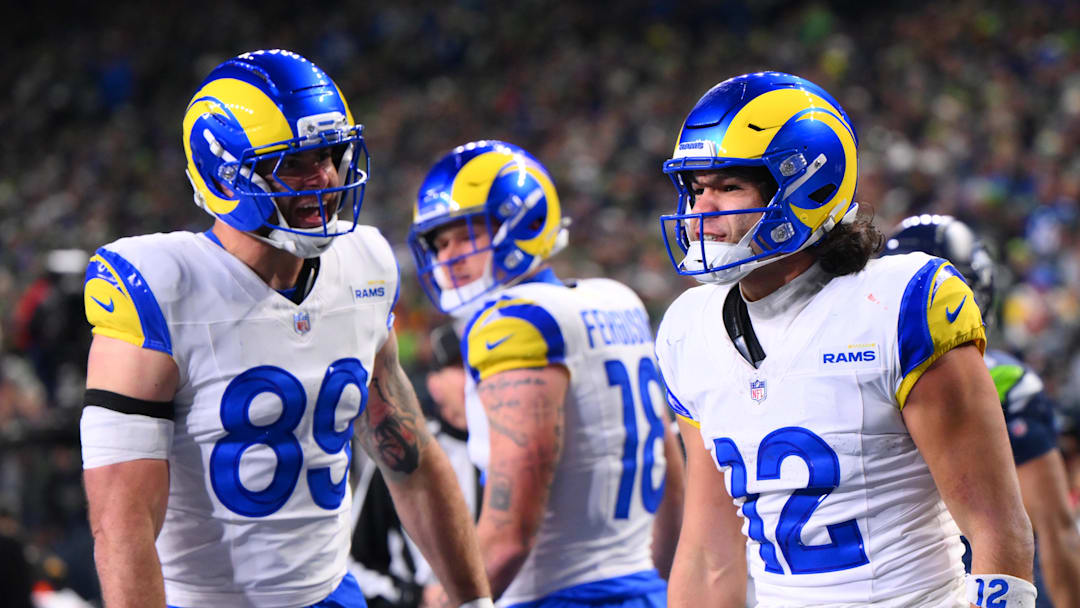 Jan 25, 2026; Seattle, WA, USA; Los Angeles Rams wide receiver Puka Nacua (12) celebrates after scoring a touchdown against the Seattle Seahawks during the second half in the 2026 NFC Championship Game at Lumen Field. Mandatory Credit: Steven Bisig-Imagn Images