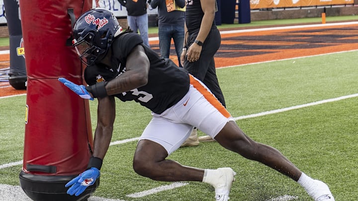 American team defensive lineman Princely Umanmielen of Ole Miss (3) works through drills during Senior Bowl practice American team defensive lineman Princely Umanmielen of Ole Miss (3) works through drills during Senior Bowl practice