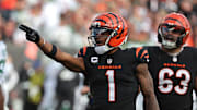 Oct 26, 2025; Cincinnati, Ohio, USA; Cincinnati Bengals wide receiver Ja'Marr Chase (1) reacts during the fourth quarter against the New York Jets at Paycor Stadium. Mandatory Credit: Joseph Maiorana-Imagn Images