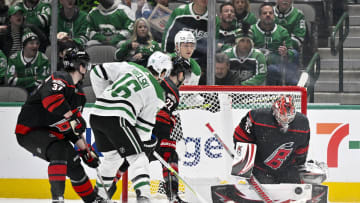 Jan 25, 2023; Dallas, Texas, USA; Carolina Hurricanes goaltender Antti Raanta (32) stops a shot as