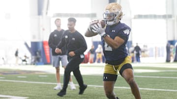 Notre Dame wide receiver Will Pauling during a Notre Dame football spring practice at Irish Athletic Center on Wednesday, March 19, 2025, in South Bend.