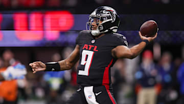 Jan 5, 2025; Atlanta, Georgia, USA; Atlanta Falcons quarterback Michael Penix Jr. (9) throws a pass against the Carolina Panthers in the third quarter at Mercedes-Benz Stadium. Mandatory Credit: Brett Davis-Imagn Images
