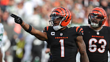 Oct 26, 2025; Cincinnati, Ohio, USA; Cincinnati Bengals wide receiver Ja'Marr Chase (1) reacts during the fourth quarter against the New York Jets at Paycor Stadium. Mandatory Credit: Joseph Maiorana-Imagn Images