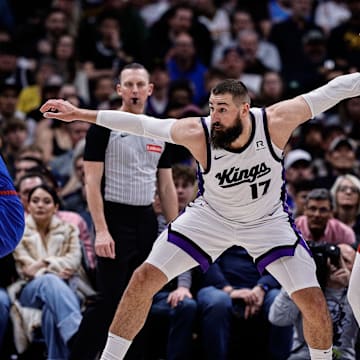 Mar 5, 2025; Denver, Colorado, USA; Sacramento Kings center Jonas Valanciunas (17) and Denver Nuggets center Nikola Jokic (15) battle for position in the second quarter at Ball Arena. Mandatory Credit: Isaiah J. Downing-Imagn Images