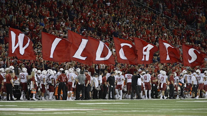 Oct 28, 2017; Tucson, AZ, USA; Arizona Wildcats flags are displayed during the second half against the Washington State Cougars at Arizona Stadium. Mandatory Credit: Casey Sapio-Imagn Images