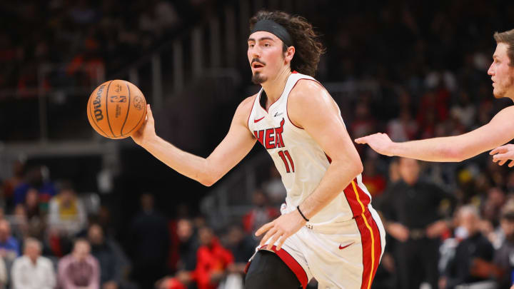 Apr 9, 2024; Atlanta, Georgia, USA; Miami Heat guard Jaime Jaquez Jr. (11) passes the ball against the Atlanta Hawks in the second quarter at State Farm Arena. Mandatory Credit: Brett Davis-USA TODAY Sports