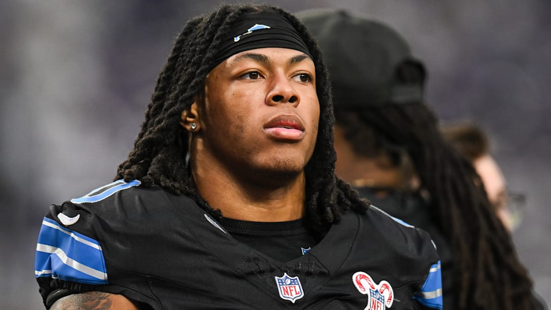 Dec 25, 2025; Minneapolis, Minnesota, USA; Detroit Lions running back Jahmyr Gibbs (0) looks on before the game against the Minnesota Vikings at U.S. Bank Stadium. Mandatory Credit: Jeffrey Becker-Imagn Images