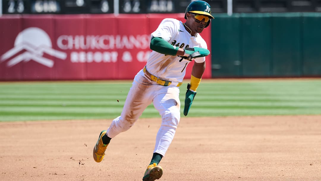 Mar 31, 2024; Oakland, California, USA; Oakland Athletics outfielder Esteury Ruiz (1) runs the bases