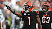 Oct 26, 2025; Cincinnati, Ohio, USA; Cincinnati Bengals wide receiver Ja'Marr Chase (1) reacts during the fourth quarter against the New York Jets at Paycor Stadium. Mandatory Credit: Joseph Maiorana-Imagn Images