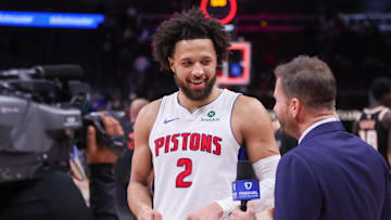 Nov 18, 2025; Atlanta, Georgia, USA; Detroit Pistons guard Cade Cunningham (2) does an interview after a victory over the Atlanta Hawks at State Farm Arena. Mandatory Credit: Brett Davis-Imagn Images