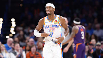 Feb 5, 2025; Oklahoma City, Oklahoma, USA; Oklahoma City Thunder guard Shai Gilgeous-Alexander (2) reacts after a play against the Phoenix Suns during the second half of a game at Paycom Center. Mandatory Credit: Alonzo Adams-Imagn Images