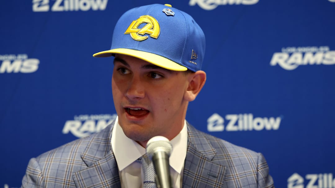 Apr 24, 2026; Inglewood, CA, USA;  Los Angeles Rams first-round draft pick Ty Simpson speaks to media during a press conference at Code Next at Hollywood Park. Mandatory Credit: Kiyoshi Mio-Imagn Images