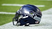 Dec 8, 2024; Glendale, Arizona, USA; Detailed view of a Seattle Seahawks helmet at State Farm Stadium. Mandatory Credit: Mark J. Rebilas-Imagn Images