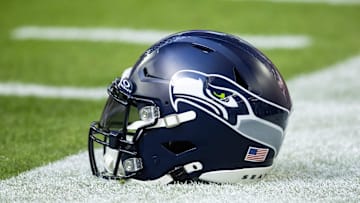 Dec 8, 2024; Glendale, Arizona, USA; Detailed view of a Seattle Seahawks helmet at State Farm Stadium. Mandatory Credit: Mark J. Rebilas-Imagn Images