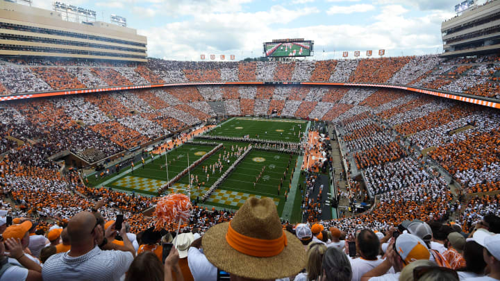 Oct 14, 2023; Knoxville, TN, USA;  Tennessee Volunteers players run through the Power T before kickoff at a football game between Tennessee and Texas A&M at Neyland Stadium in Knoxville, Tenn., on Saturday, Oct. 14, 2023. Mandatory Credit: Caitie McMekin-USA TODAY Sports