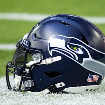 Dec 8, 2024; Glendale, Arizona, USA; Detailed view of a Seattle Seahawks helmet at State Farm Stadium. Mandatory Credit: Mark J. Rebilas-Imagn Images