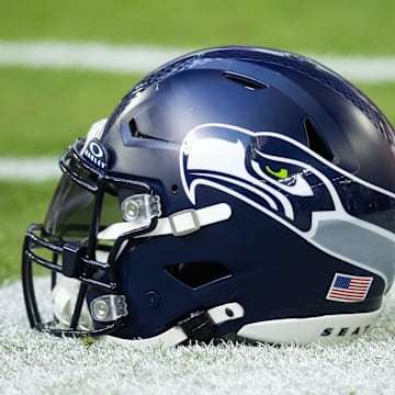 Dec 8, 2024; Glendale, Arizona, USA; Detailed view of a Seattle Seahawks helmet at State Farm Stadium.