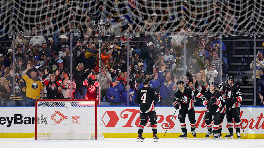 Apr 9, 2026; Buffalo, New York, USA; Buffalo Sabres right wing Josh Doan (91) celebrates his second goal of the game with teammates during the third period against the Columbus Blue Jackets at KeyBank Center. Mandatory Credit: Timothy T. Ludwig-Imagn Images Apr 9, 2026; Buffalo, New York, USA; Buffalo Sabres right wing Josh Doan (91) celebrates his second goal of the game with teammates during the third period against the Columbus Blue Jackets at KeyBank Center. Mandatory Credit: Timothy T. Ludwig-Imagn Images