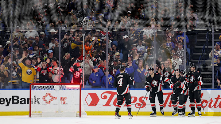 Apr 9, 2026; Buffalo, New York, USA;  Buffalo Sabres right wing Josh Doan (91) celebrates his second goal of the game with teammates during the third period against the Columbus Blue Jackets at KeyBank Center. Mandatory Credit: Timothy T. Ludwig-Imagn Images