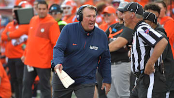 Oct 11, 2025; Champaign, Illinois, USA; Illinois Fighting Illini head coach Bret Bielema reacts during the second half against the Ohio State Buckeyes at Memorial Stadium. Mandatory Credit: Ron Johnson-Imagn Images