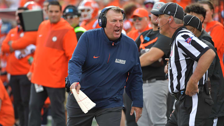 Oct 11, 2025; Champaign, Illinois, USA; Illinois Fighting Illini head coach Bret Bielema reacts during the second half against the Ohio State Buckeyes at Memorial Stadium. Mandatory Credit: Ron Johnson-Imagn Images