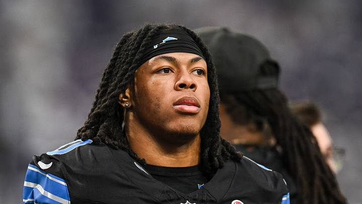 Detroit Lions running back Jahmyr Gibbs (0) looks on 