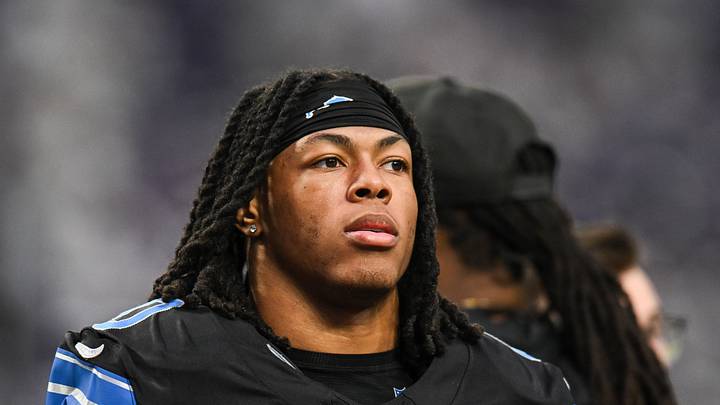 Dec 25, 2025; Minneapolis, Minnesota, USA; Detroit Lions running back Jahmyr Gibbs (0) looks on before the game against the Minnesota Vikings at U.S. Bank Stadium. Mandatory Credit: Jeffrey Becker-Imagn Images