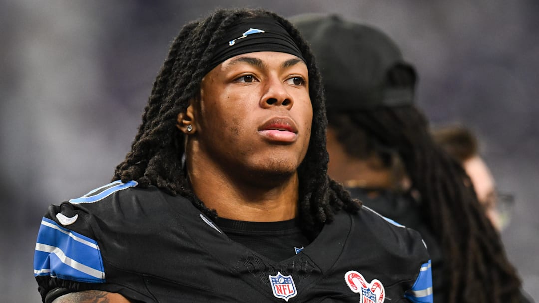 Dec 25, 2025; Minneapolis, Minnesota, USA; Detroit Lions running back Jahmyr Gibbs (0) looks on before the game against the Minnesota Vikings at U.S. Bank Stadium. Mandatory Credit: Jeffrey Becker-Imagn Images