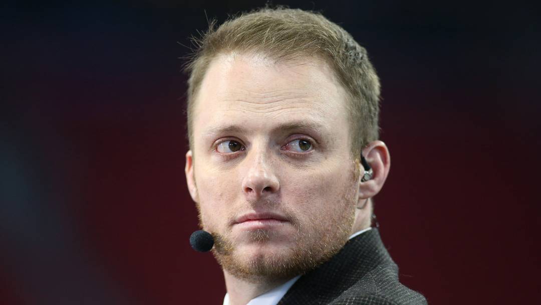 Dec 28, 2019; Atlanta, Georgia, USA; ESPN commentator Greg McElroy looks on before the 2019 Peach Bowl college football playoff semifinal game between the LSU Tigers and the Oklahoma Sooners at Mercedes Benz Stadium. Mandatory Credit: Brett Davis-USA TODAY Sports