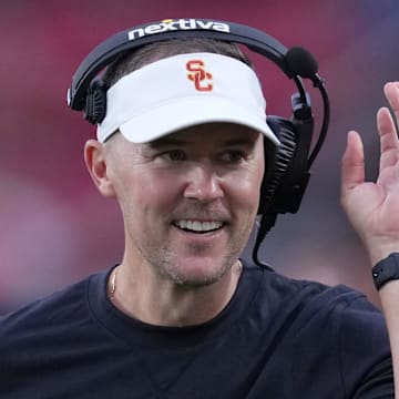 Sep 2, 2023; Los Angeles, California, USA; Southern California Trojans head coach Lincoln Riley reacts against the Nevada Wolf Pack  in the second half at United Airlines Field at Los Angeles Memorial Coliseum. Mandatory Credit: Kirby Lee-Imagn Images