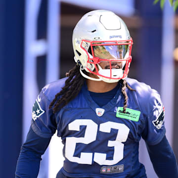 Jun 10, 2024; Foxborough, MA, USA; New England Patriots safety Kyle Dugger (23) walks to the practice fields for minicamp at Gillette Stadium. Mandatory Credit: Eric Canha-Imagn Images