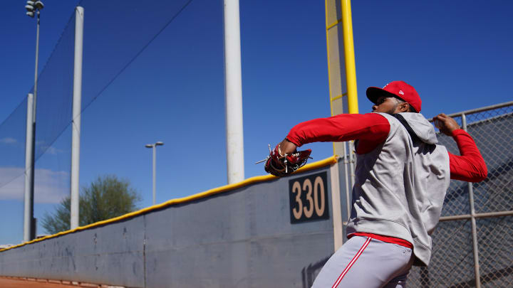 Cincinnati Reds non-roster invitee outfielder Rece Hinds throws from right field during spring training workouts at Goodyear Ballpark in 2024.