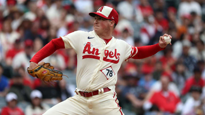 Sep 17, 2023; Anaheim, California, USA; Los Angeles Angels pitcher Kenny Rosenberg (78) pitches during the fifth inning against the Detroit Tigers at Angel Stadium. Mandatory Credit: Kiyoshi Mio-USA TODAY Sports