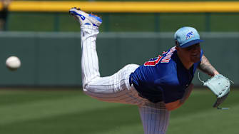 Chicago Cubs pitcher Cade Horton throws against the San Diego Padres in a spring training game at Sloan Park. 