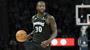 Oct 26, 2025; Minneapolis, Minnesota, USA; Minnesota Timberwolves forward Julius Randle (30) dribbles the ball against the Indiana Pacers in the first half at Target Center.