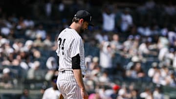 Jun 21, 2025; Bronx, New York, USA; New York Yankees pitcher JT Brubaker (34) reacts after giving up a single to Baltimore Orioles catcher Gary Sánchez (99) during the eighth inning at Yankee Stadium. Mandatory Credit: John Jones-Imagn Images