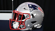 Jan 17, 2024; Foxborough, MA, USA; A New England Patriots helmet sits on a table at Gillette Stadium. Mandatory Credit: Eric Canha-Imagn Images