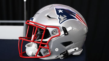 Jan 17, 2024; Foxborough, MA, USA; A New England Patriots helmet sits on a table at Gillette Stadium. Mandatory Credit: Eric Canha-USA TODAY Sports