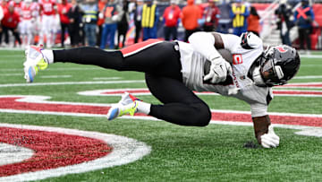 Oct 13, 2024; Foxborough, Massachusetts, USA; Houston Texans wide receiver Stefon Diggs (1) makes a catch for a touchdown against the New England Patriots during the second half at Gillette Stadium.