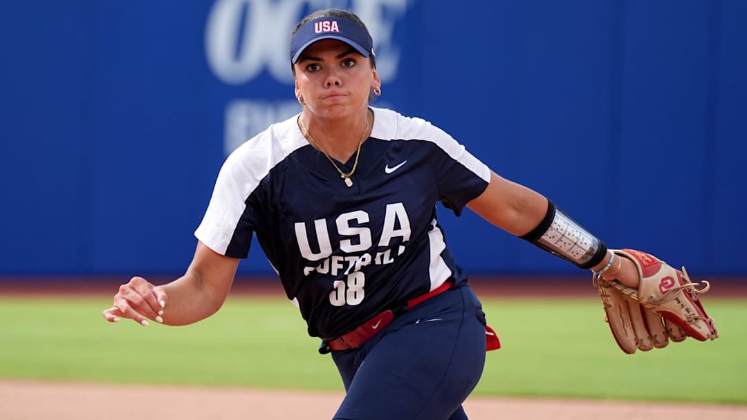 USA Softball Women's National Team third baseman Alyssa Brito reacts after throwing to first during the USA Softball All-Star Showcase at Devon Park on June 27, 2025 in Oklahoma City.