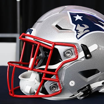 Jan 17, 2024; Foxborough, MA, USA; A New England Patriots helmet sits on a table at Gillette Stadium. Mandatory Credit: Eric Canha-Imagn Images