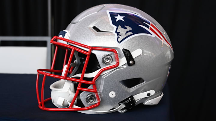 Jan 17, 2024; Foxborough, MA, USA; A New England Patriots helmet sits on a table at Gillette Stadium. Mandatory Credit: Eric Canha-Imagn Images