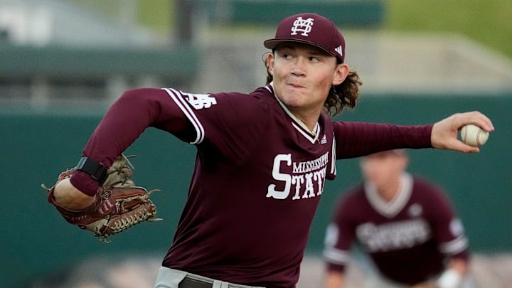 Mississippi State pitcher Pico Kohn makes a pitch against Alabama at Sewell-Thomas Stadium in Tuscaloosa Friday, April 11, 2025.