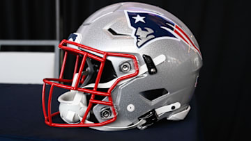 Jan 17, 2024; Foxborough, MA, USA; A New England Patriots helmet sits on a table at Gillette Stadium. Mandatory Credit: Eric Canha-Imagn Images