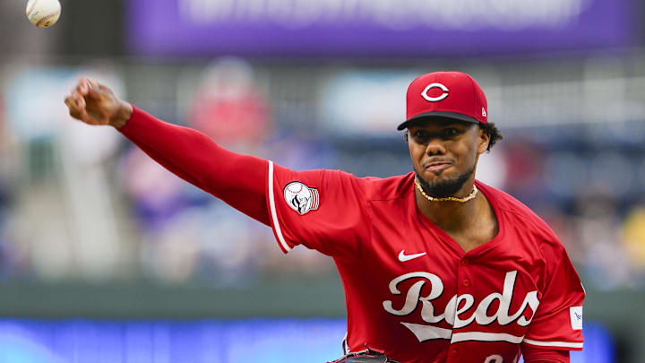 May 28, 2025; Kansas City, Missouri, USA; Cincinnati Reds starting pitcher Hunter Greene (21) pitches during the first inning against the Kansas City Royals at Kauffman Stadium. Mandatory Credit: Jay Biggerstaff-Imagn Images