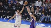 Nov 12, 2025; Oklahoma City, Oklahoma, USA; Oklahoma City Thunder center Chet Holmgren (7) defends a shot by Los Angeles Lakers guard Luka Doncic (77) during the first quarter at Paycom Center. Mandatory Credit: Alonzo Adams-Imagn Images