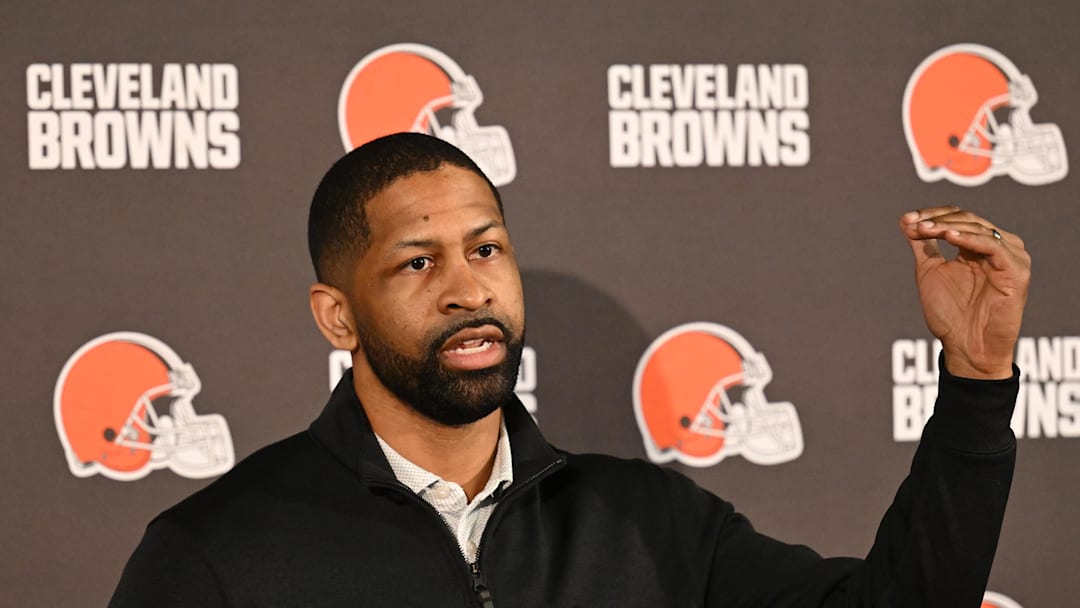 Feb 3, 2026; Berea, OH, USA; Executive vice president, football operations and general manager  Andrew Berry speaks to the media during a press conference to introduce new head coach Todd Monken at CrossCountry Mortgage Campus. Mandatory Credit: Ken Blaze-Imagn Images