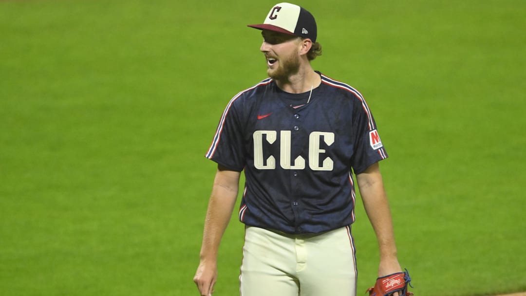 Sep 18, 2024; Cleveland, Ohio, USA; Cleveland Guardians starting pitcher Tanner Bibee (28) reacts after giving up a run in the fifth inning against the Minnesota Twins at Progressive Field. Mandatory Credit: David Richard-Imagn Images